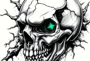 Close-up of a cracked skull with glowing emerald eyes, dark fantasy art. tattoo idea