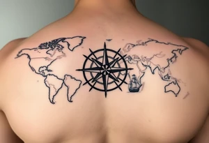 antique compass rose overlaid on weathered world map with sailing ships tattoo idea