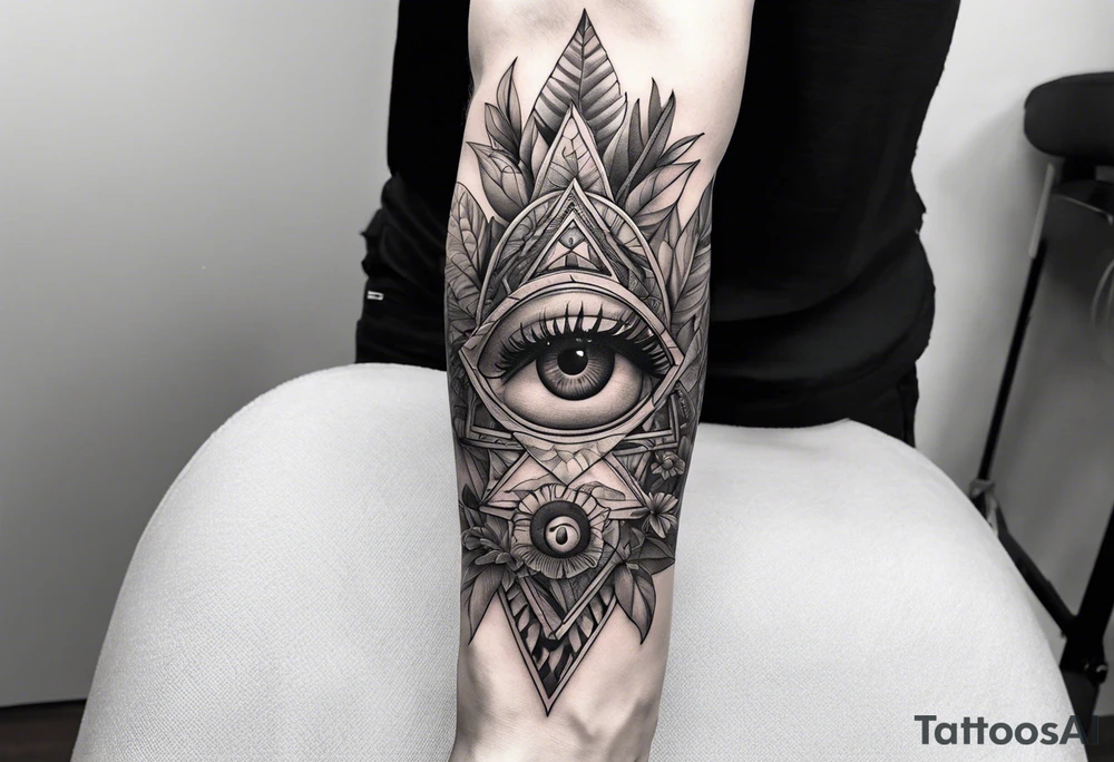 full sleeve tattoo with jungle plants and all-seeing eye tattoo idea