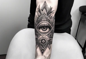 full sleeve tattoo with jungle plants and all-seeing eye tattoo idea