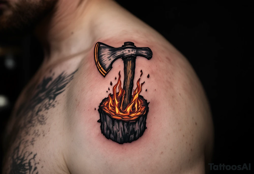 A fireman’s axe embedded in a burning log, with glowing embers and realistic charred wood textures. tattoo idea