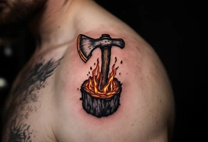 A fireman’s axe embedded in a burning log, with glowing embers and realistic charred wood textures. tattoo idea