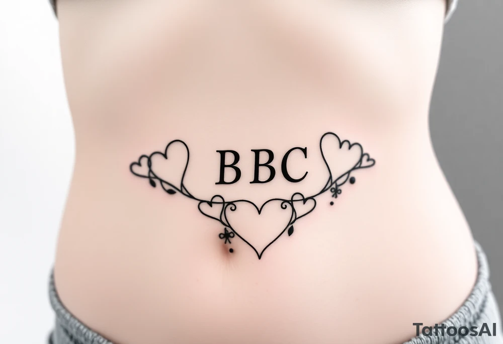 text reading "BBC" across a womb tattoo surrounded by hearts tattoo idea