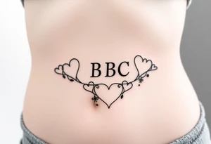 text reading "BBC" across a womb tattoo surrounded by hearts tattoo idea