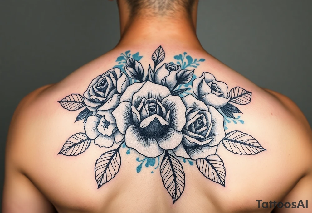 Black and white roses and carnations with blue watercolour behind small and  feminine tattoo idea