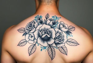 Black and white roses and carnations with blue watercolour behind small and  feminine tattoo idea