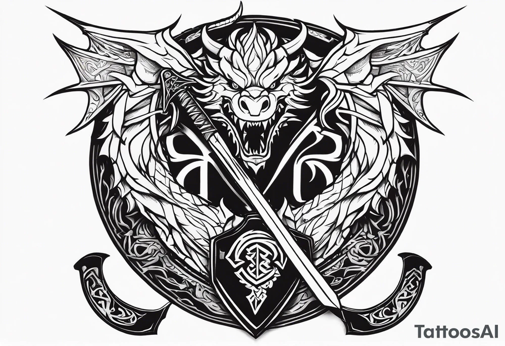 Valhalla sword shield dragon axe tattoo idea