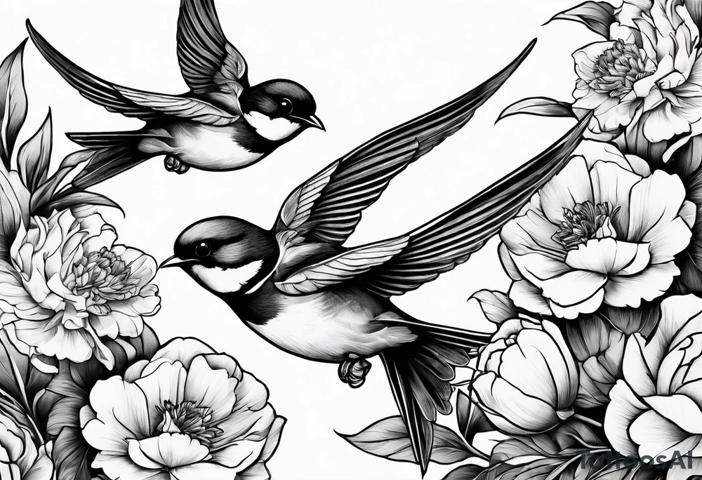 Two swallows in flight with peonies tattoo idea