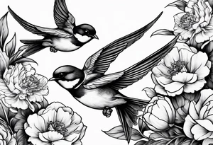 Two swallows in flight with peonies tattoo idea