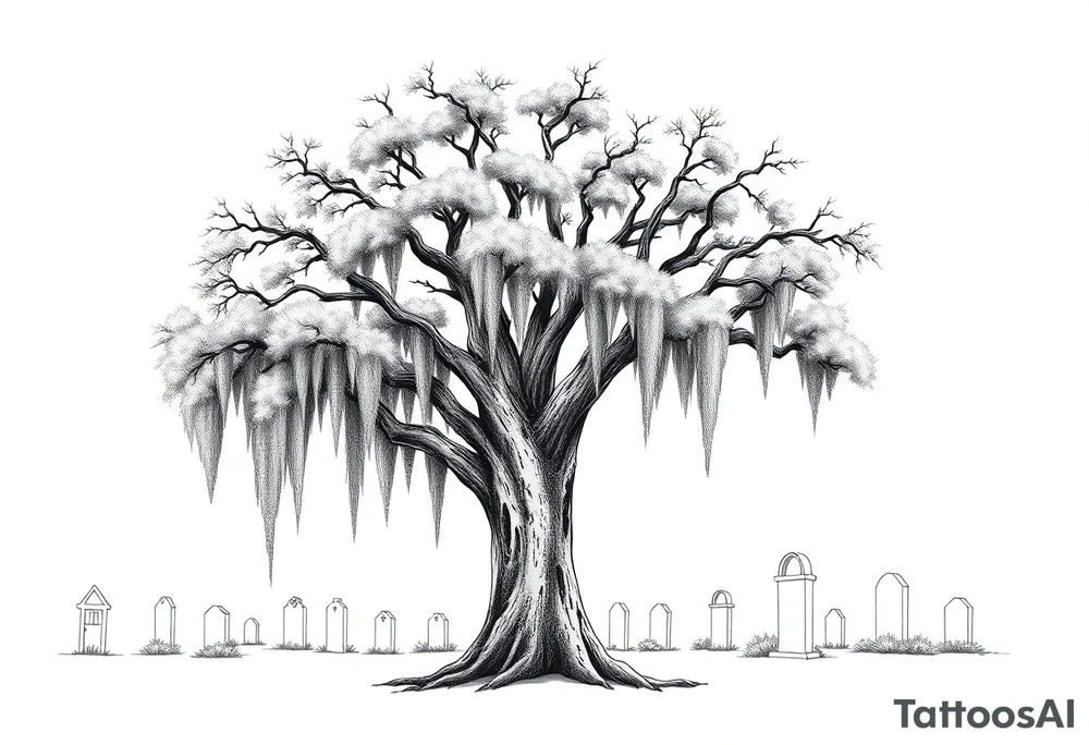 Oak tree with a lot of Spanish moss in a cemetery tattoo idea