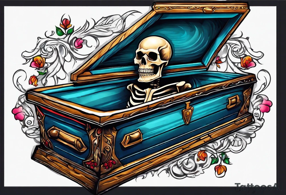 skeleton getting out of coffin tattoo idea