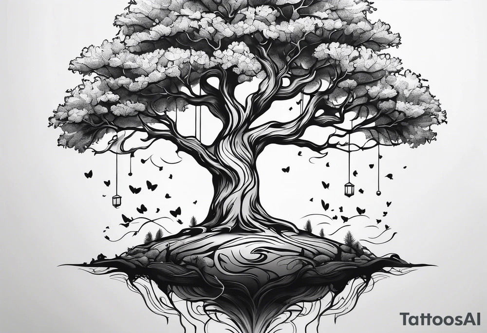 One line tattoo of oak tree with little gift at the bottom tattoo idea