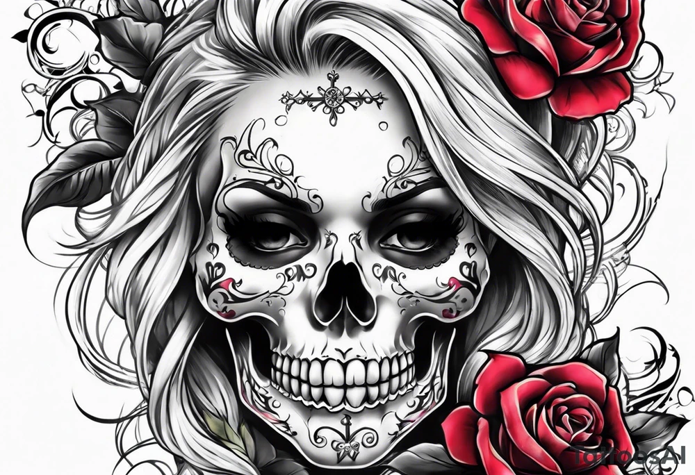 feminine skull and cross bones with blonde pigtails tattoo idea