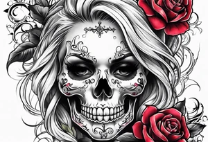 feminine skull and cross bones with blonde pigtails tattoo idea