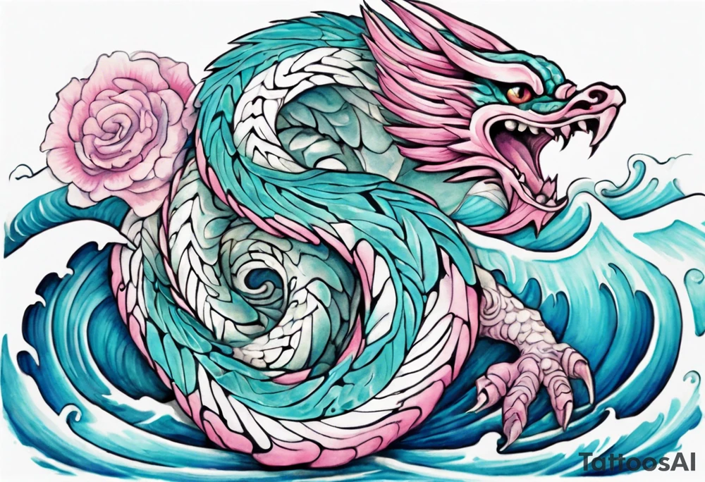 a turquoise and white and pink feathered serpent with beautiful eyes emerging from the blue waves of the ocean tattoo idea