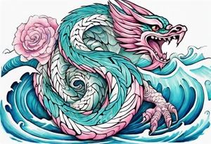 a turquoise and white and pink feathered serpent with beautiful eyes emerging from the blue waves of the ocean tattoo idea