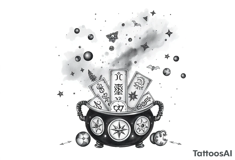 Milky way galaxy filled with zodiac symbols runes tarot cards coming out of a cauldron tattoo idea