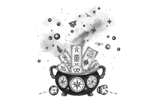 Milky way galaxy filled with zodiac symbols runes tarot cards coming out of a cauldron tattoo idea
