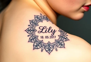 A mandala-inspired clock design, with intricate patterns forming around the child’s name "Lily" and date "18. 05. 2017", in black and gold for a timeless look tattoo idea