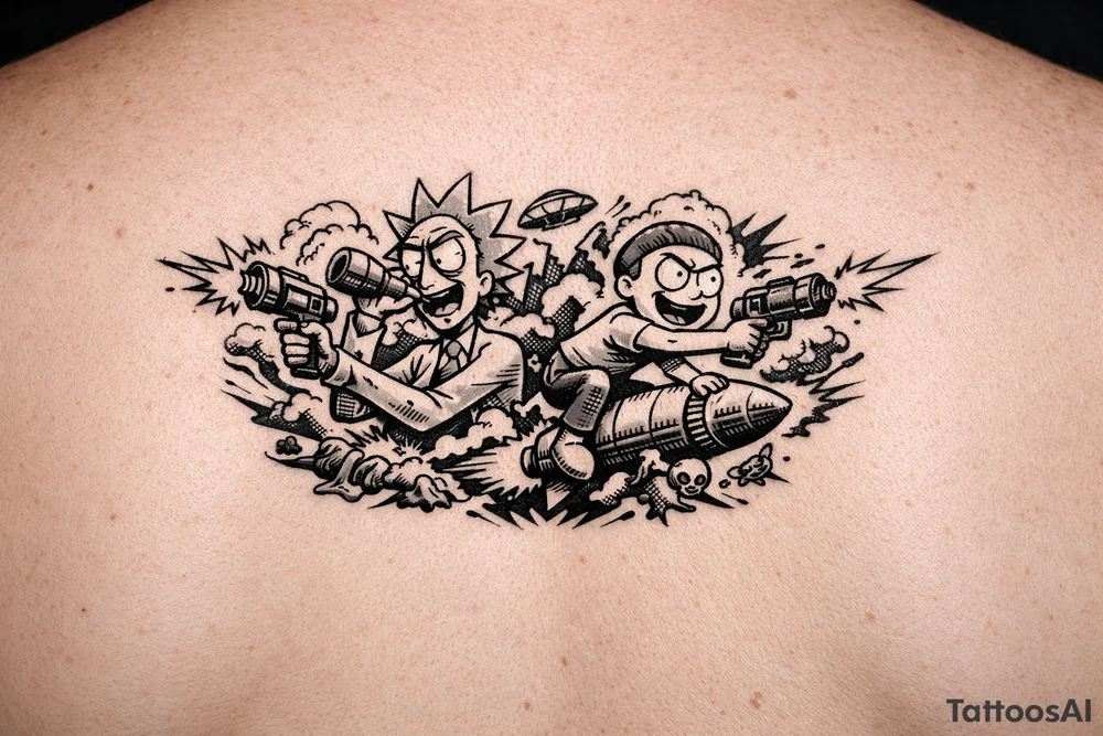 Rick drinking and shooting things and morty being reckless save the day morty , schuanch schuanch. tattoo idea