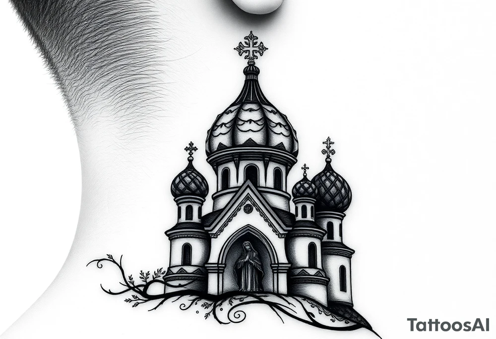 Flowing Scene

A onion domes orthodox church
Virgin Mary in prayer pose wrapping around the lower neck curve
A small double headed russian coat of arms eagle or just the star tucked above the dome near the hairline tattoo idea