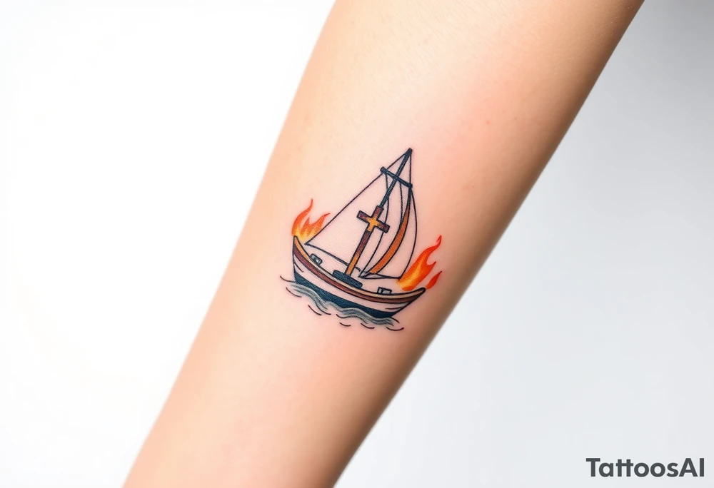 Boat on fire with cross as mast tattoo idea