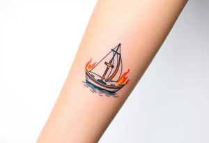 Boat on fire with cross as mast tattoo idea