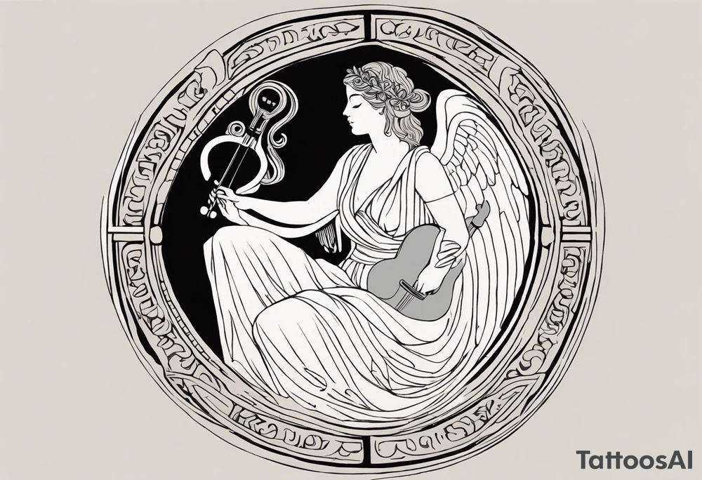 "Craft a minimalist round tattoo inspired by ancient Greek art, featuring Clio, the muse of history and lyre-playing. Design a circular composition with Clio depicted in the center, holding a scroll and a lyre. Surround her with simple yet symbolic elements such as laurel wreaths, scrolls, or geometric patterns reminiscent of ancient Greek pottery. Ensure the design maintains a minimalist style, with clean lines and limited detail, while capturing the essence of Clio's affinity for knowledge and the arts within the circular frame." tattoo idea