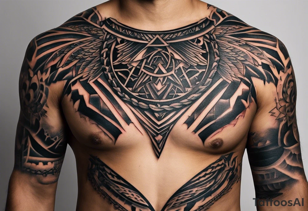 Wide tattoo that appears to be bursting out of the skin, symbolizing freedom. The tattoo should be vibrant and dynamic, with bold lines and colors that evoke a sense of liberation and empowerment. Consider incorporating elements such as broken chains, or other symbols of freedom. The tattoo should be visually striking and thought-provoking, inviting the viewer to reflect on the importance of personal freedom. tattoo idea