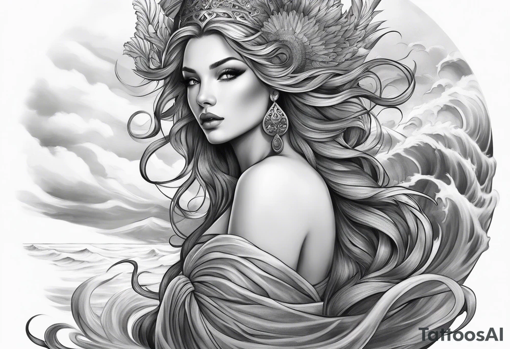 goddess, stormy sea, full length tattoo idea
