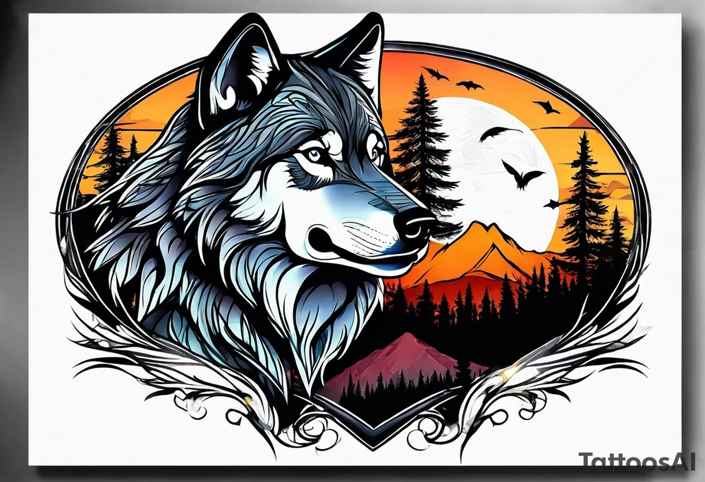 Wolves spouses
Dark woods
Mountains
Sunset tattoo idea