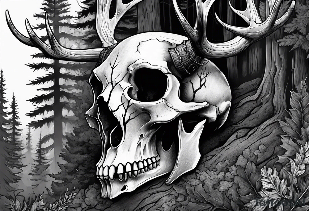A SCARY side view of a decayed deer skull NO SKIN JUST BONE surrounded by a forest fire in background tattoo idea