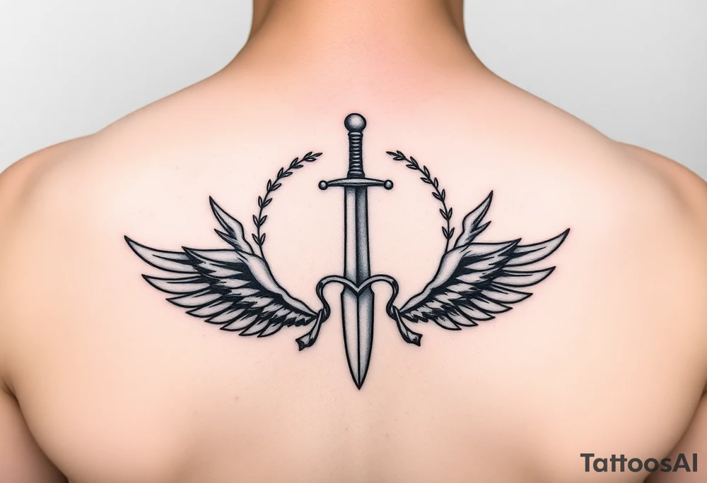 Laurel crown wreath surrounding sword and wings tattoo idea