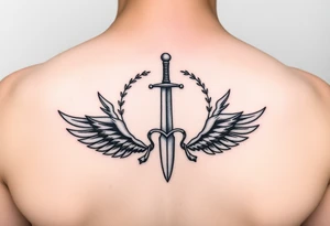 Laurel crown wreath surrounding sword and wings tattoo idea