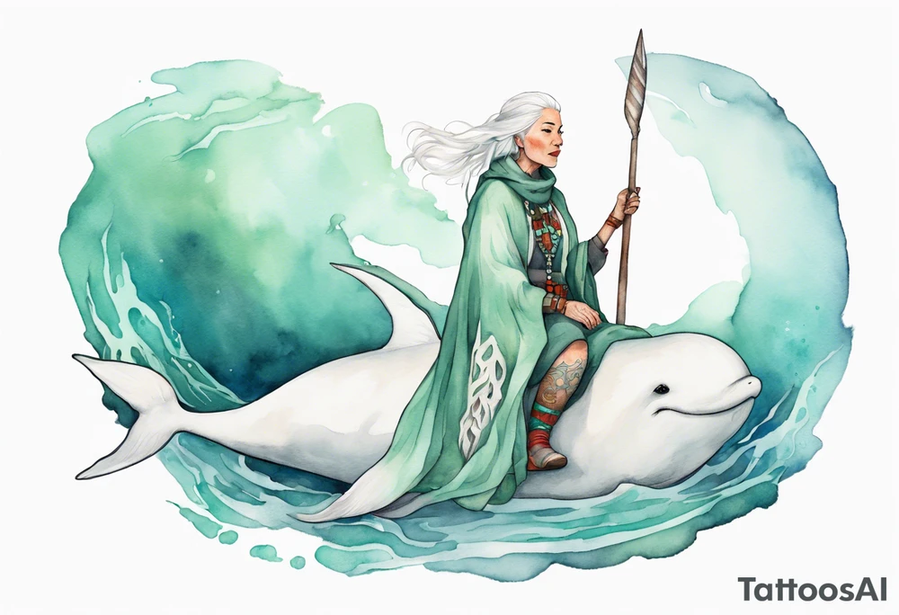 a 45-year-old Sami woman with white  hair wearing a white and mint cloak riding on the back of a narwhal tattoo idea