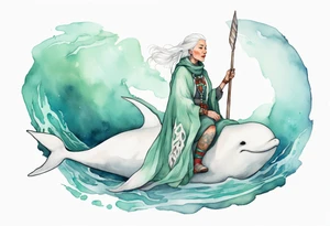 a 45-year-old Sami woman with white  hair wearing a white and mint cloak riding on the back of a narwhal tattoo idea