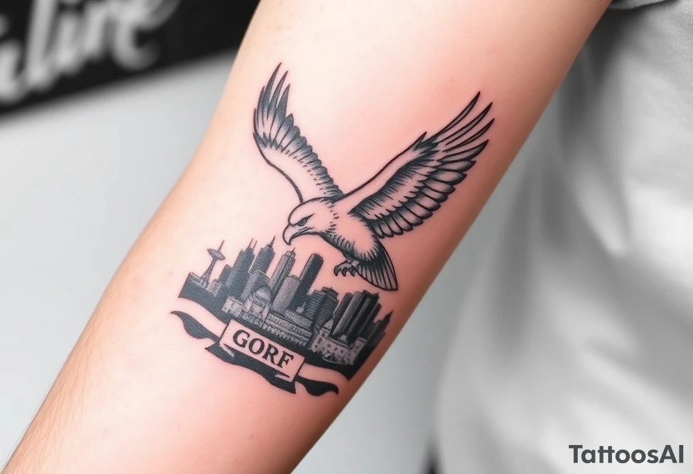 Philadelphia Eagle flying over Philadelphia city skyline faded with a Go Birds under it on arm tattoo idea