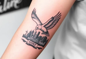 Philadelphia Eagle flying over Philadelphia city skyline faded with a Go Birds under it on arm tattoo idea