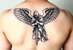 Warrior Angel with long sword  kneeling looking down cloak over head wings
 spread tattoo idea