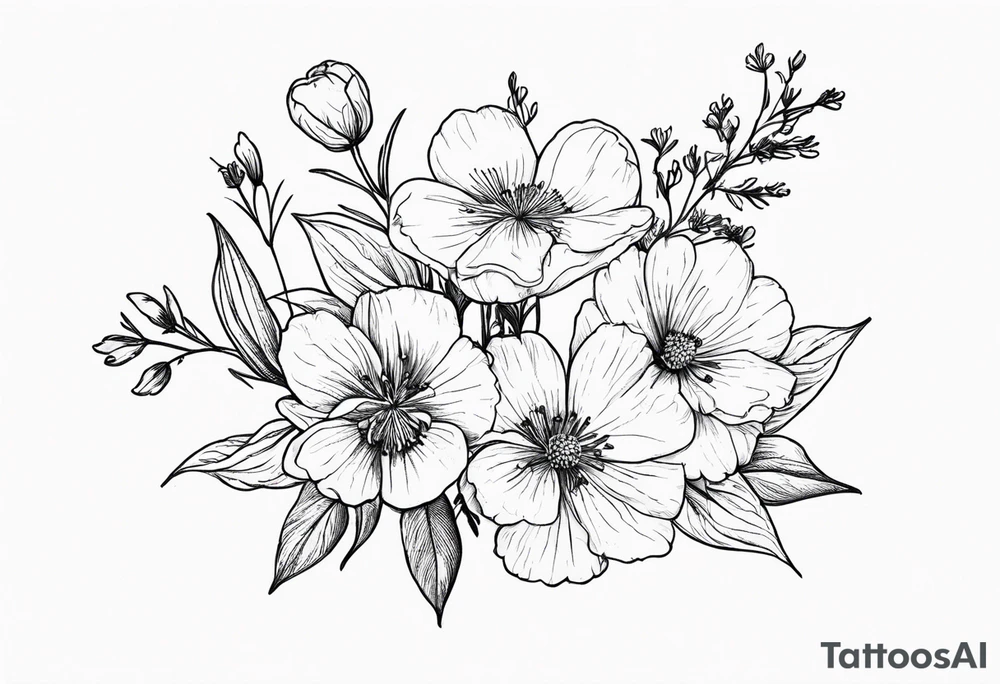 Small, fine line Birth flower bouquet with 2 violets, 3 larkspur, 2 aster, no leaves tattoo idea