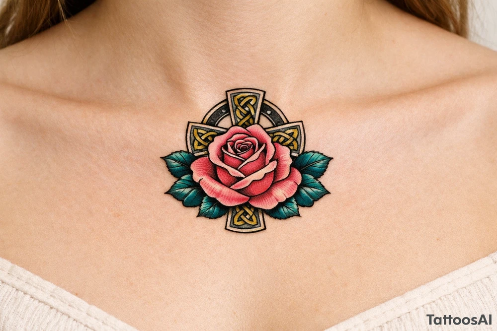 Pink rose , petrol leaves no stem, Celtic cross behind it tattoo idea