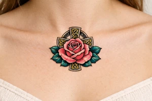 Pink rose , petrol leaves no stem, Celtic cross behind it tattoo idea
