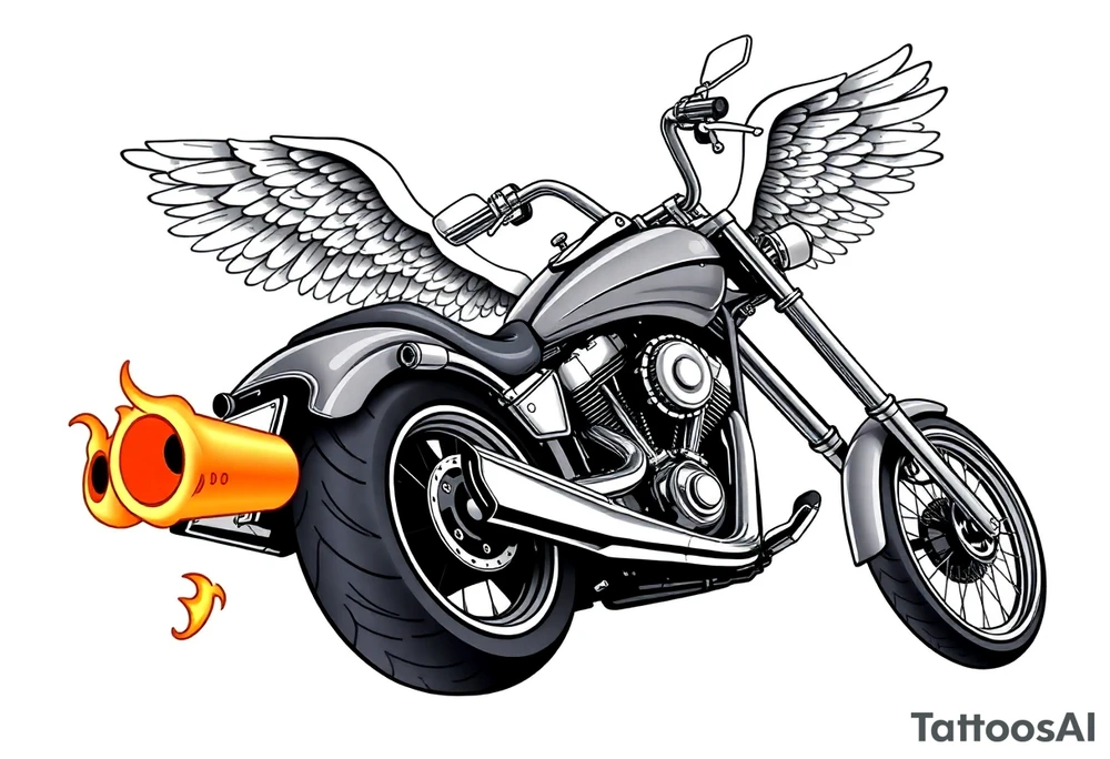 Low rider grey motorcycle, big muffler pipes with flames, angel wings, driving away, no person tattoo idea