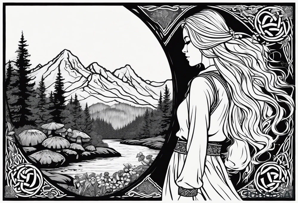 Whole picture encircled fully

Straight long blonde hair hippie girl in distance holding mushrooms in hand facing away toward mountains and creek surrounded by mushrooms long sleeve shirt and hiking pants; whole rendering within a full celtic circle border, no cut off circle tattoo idea
