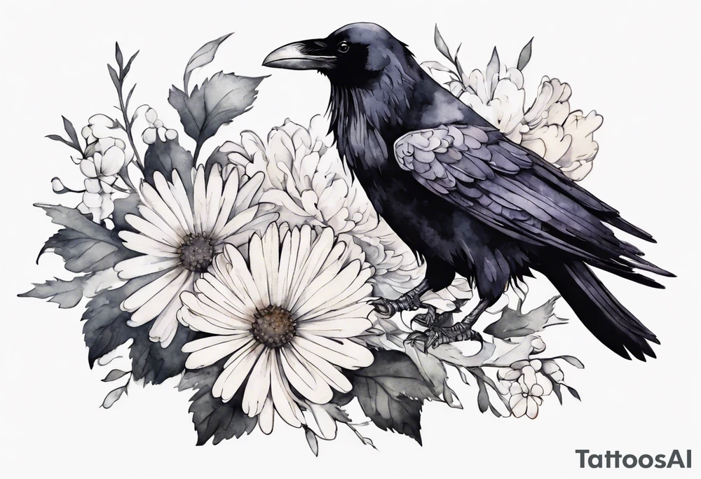 a raven with a small white chrysanthemum on its head tattoo idea