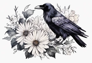 a raven with a small white chrysanthemum on its head tattoo idea