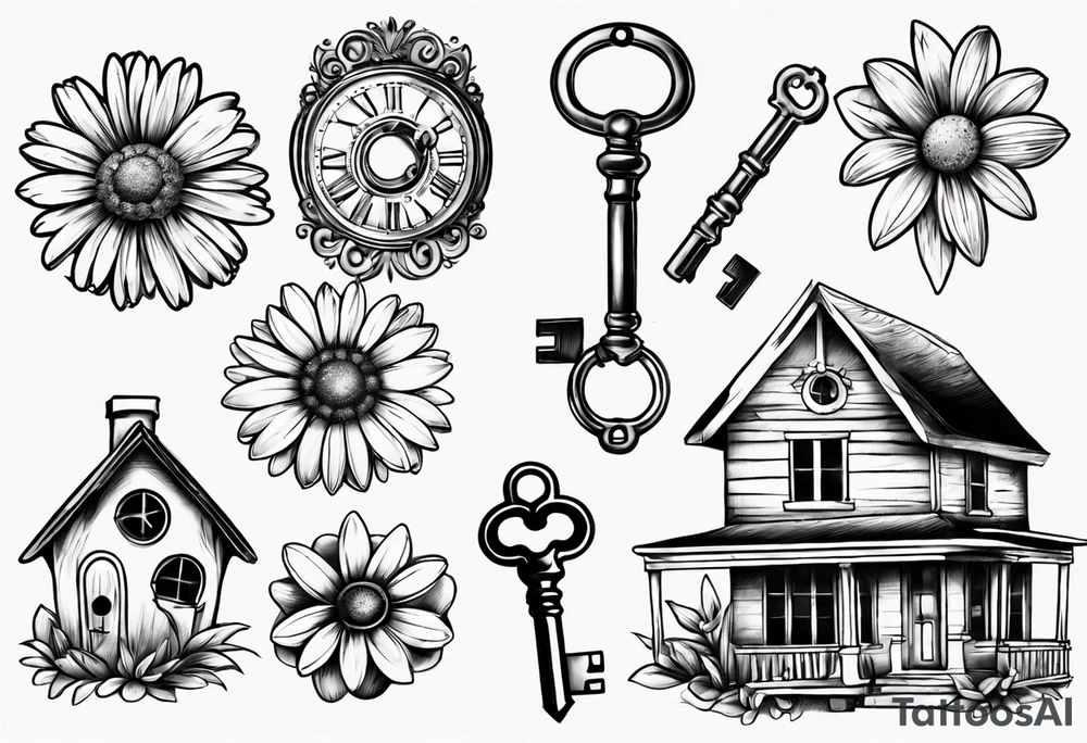 Daisy and house and key tattoo idea