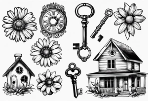 Daisy and house and key tattoo idea