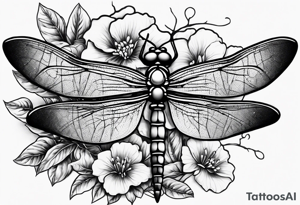 cap sleeve tattoo of a barbed wire dragonfly and a spray of bouganvillia tattoo idea