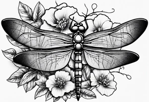 cap sleeve tattoo of a barbed wire dragonfly and a spray of bouganvillia tattoo idea